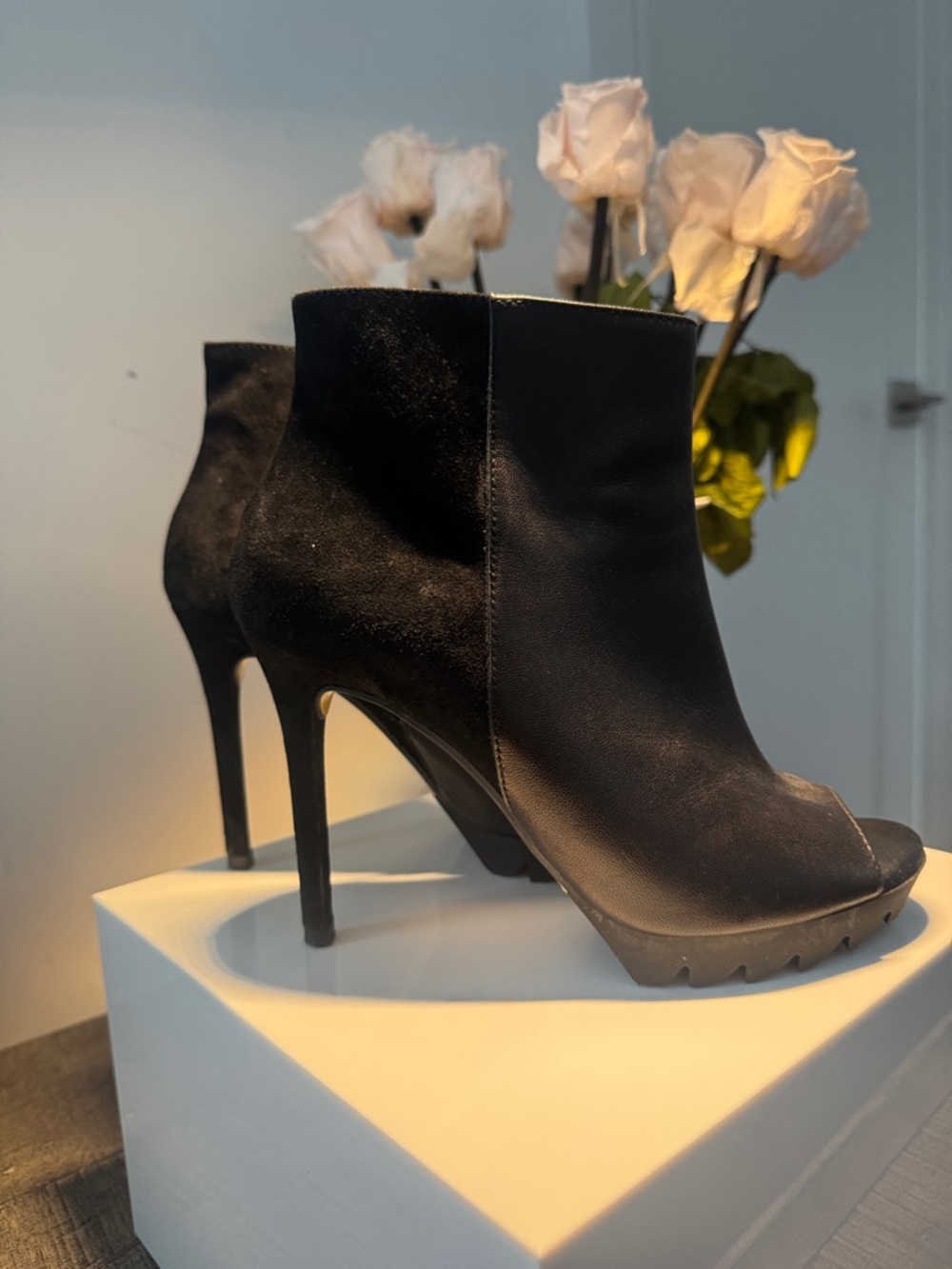 BCBGMaxAzria Black Peep-Toe Stiletto Ankle Boots